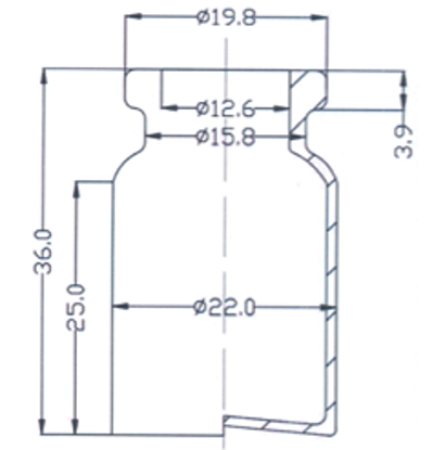 Picture of Sterile Empty Vial - 5 ml volume:  36 ± 0.5 mm height, 22 ± 0.2 mm body diameter. (Amber)