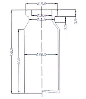 Picture of Sterile Empty Vial - 10 ml volume:  52 ± 0.5 mm height, 22 ± 0.2 mm body diameter (Clear)